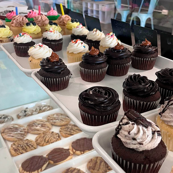 variety of cupcakes in the case at Sweet Talk Cafe