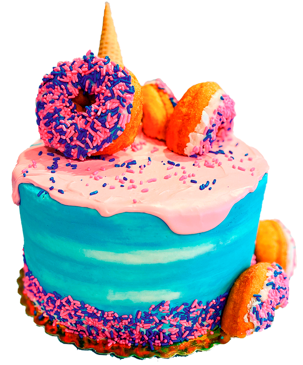 a donut cake with blue and pink sprinkles