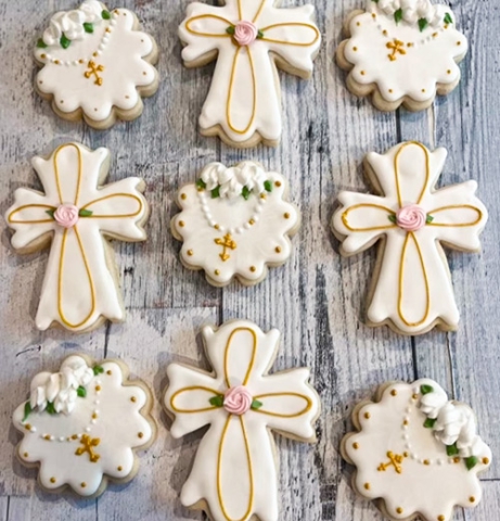 pink and gold cross decorated sugar cookies