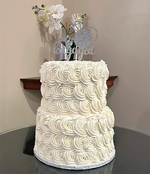 a two tiered cake with white roses on the sides