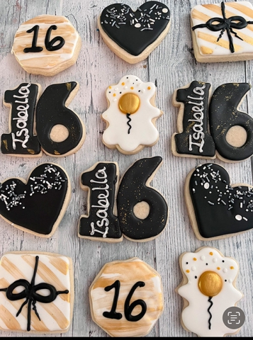 Black and Gold Sweet 16 decorated sugar cookies