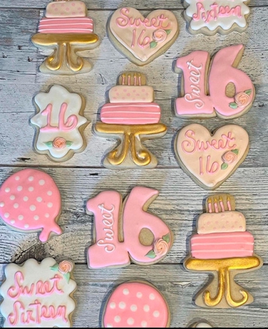 Pink sweet 16 decorated sugar cookies