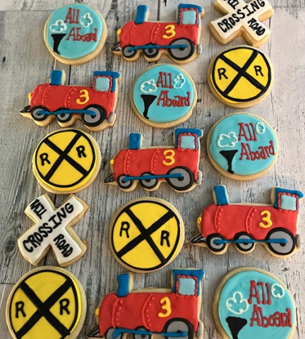 railroad and trains decorated sugar cookies