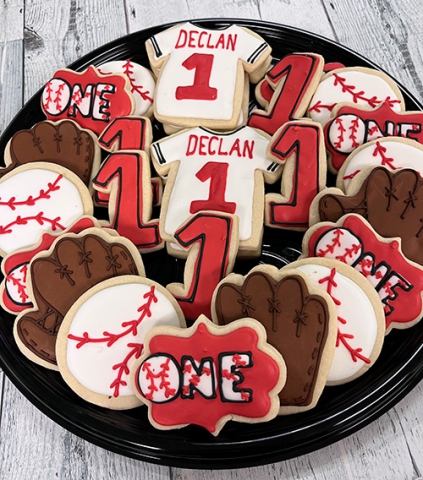 Baseball themed decorated sugar cookies for 1st Birthday