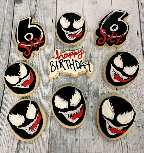 Venom 6th birthday decorated sugar cookies